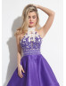 Princess Halter Neck Beaded Satin Knee Length Cocktail Dress 